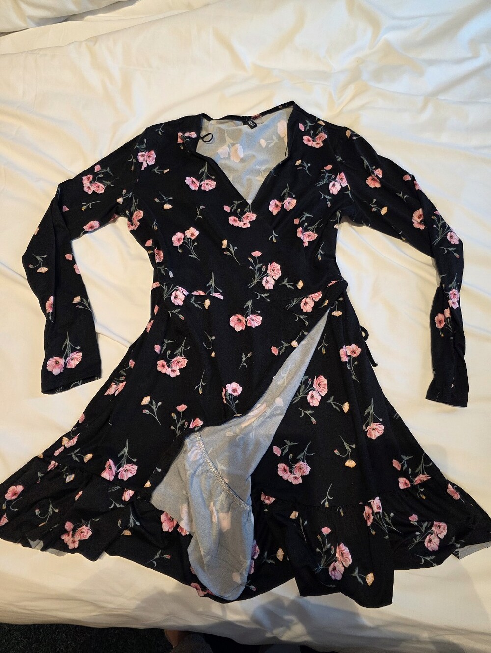 H&M Divided Black Floral Wrap Dress with Pink Blooms